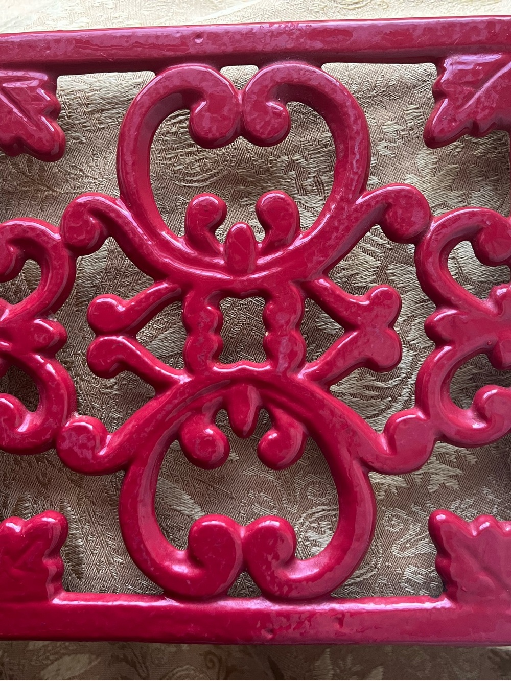 Vintage Red Enamel Cast Iron Trivet - Square Scrollwork Hot Plate